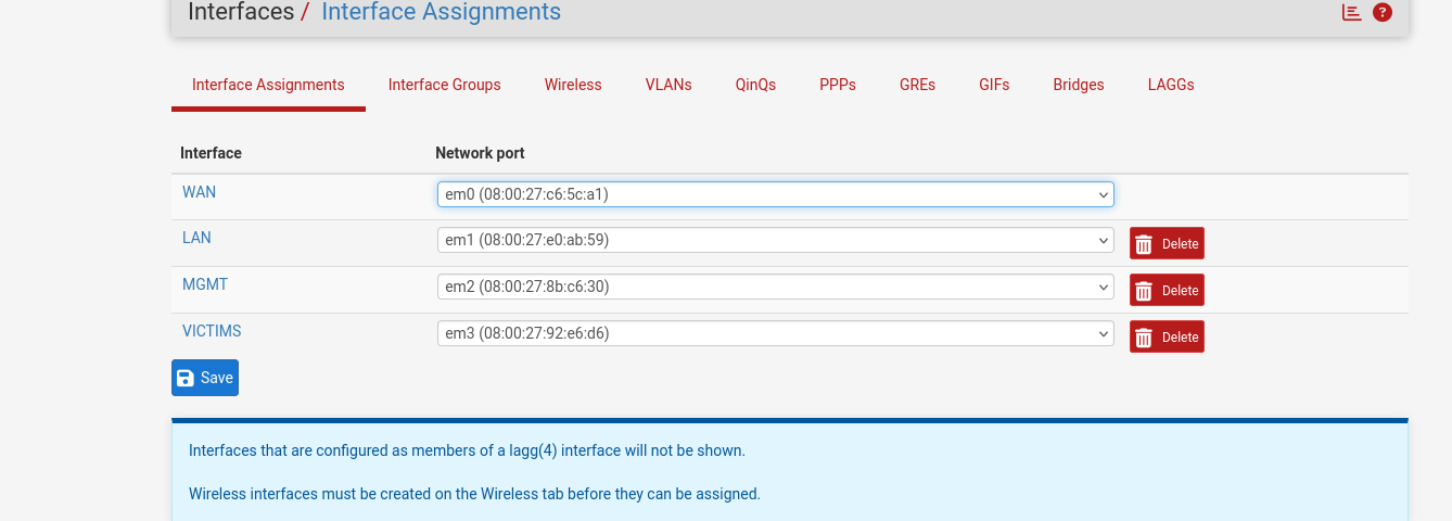 pfSense lab topology diagram showing MGMT and VICTIMS internal networks with Kali Linux and Windows 11 nodes