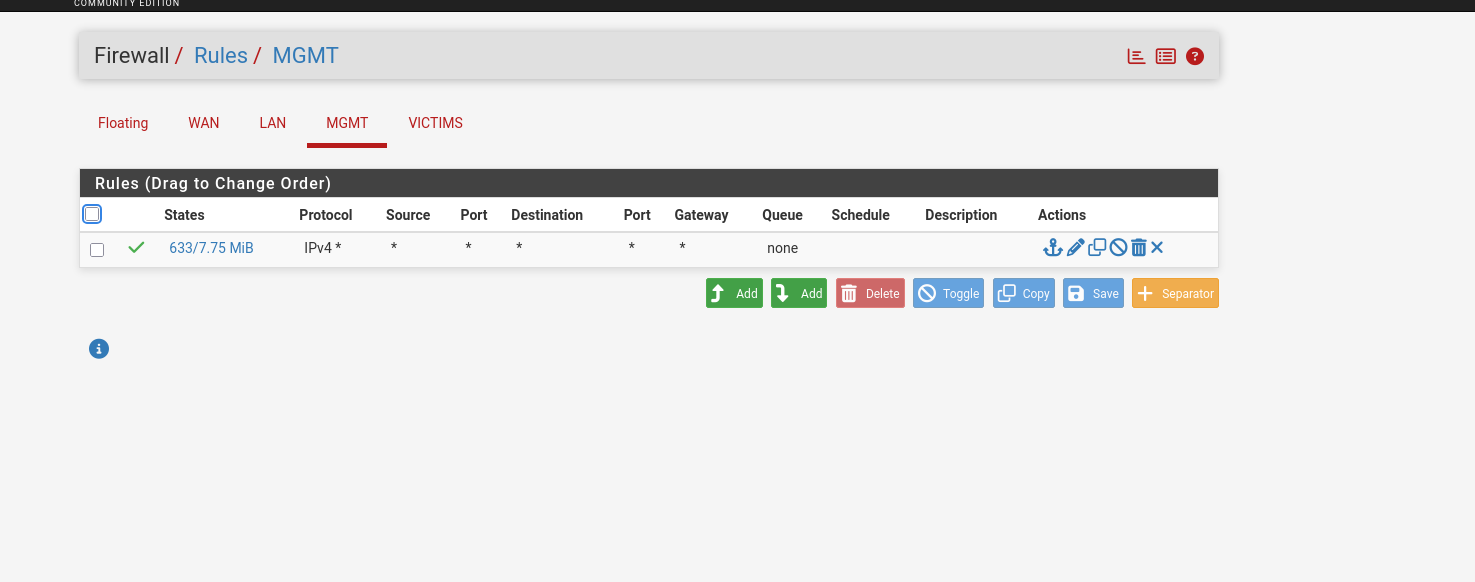 pfSense pass rule configuration permitting inter-VLAN traffic between MGMT and VICTIMS subnets