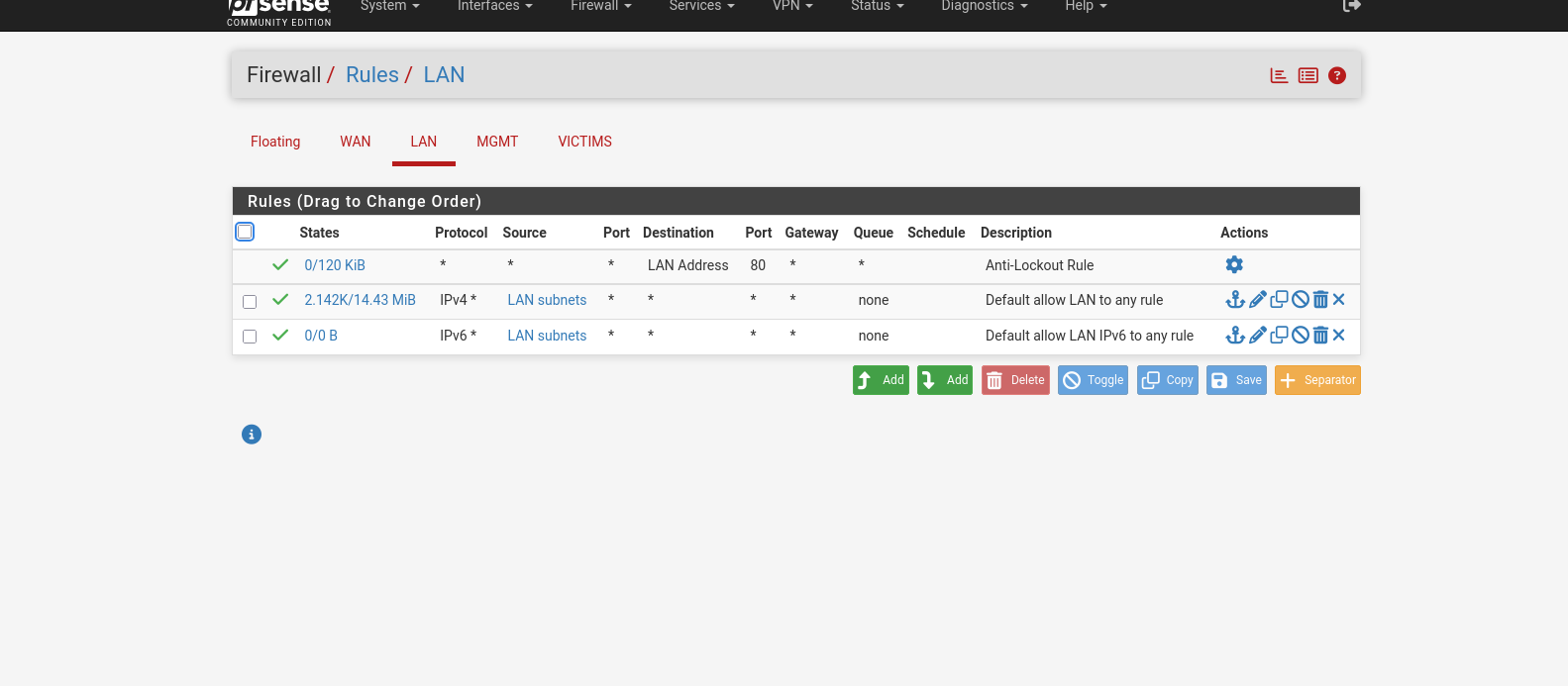 pfSense firewall ruleset showing default deny policy blocking inter-VLAN traffic