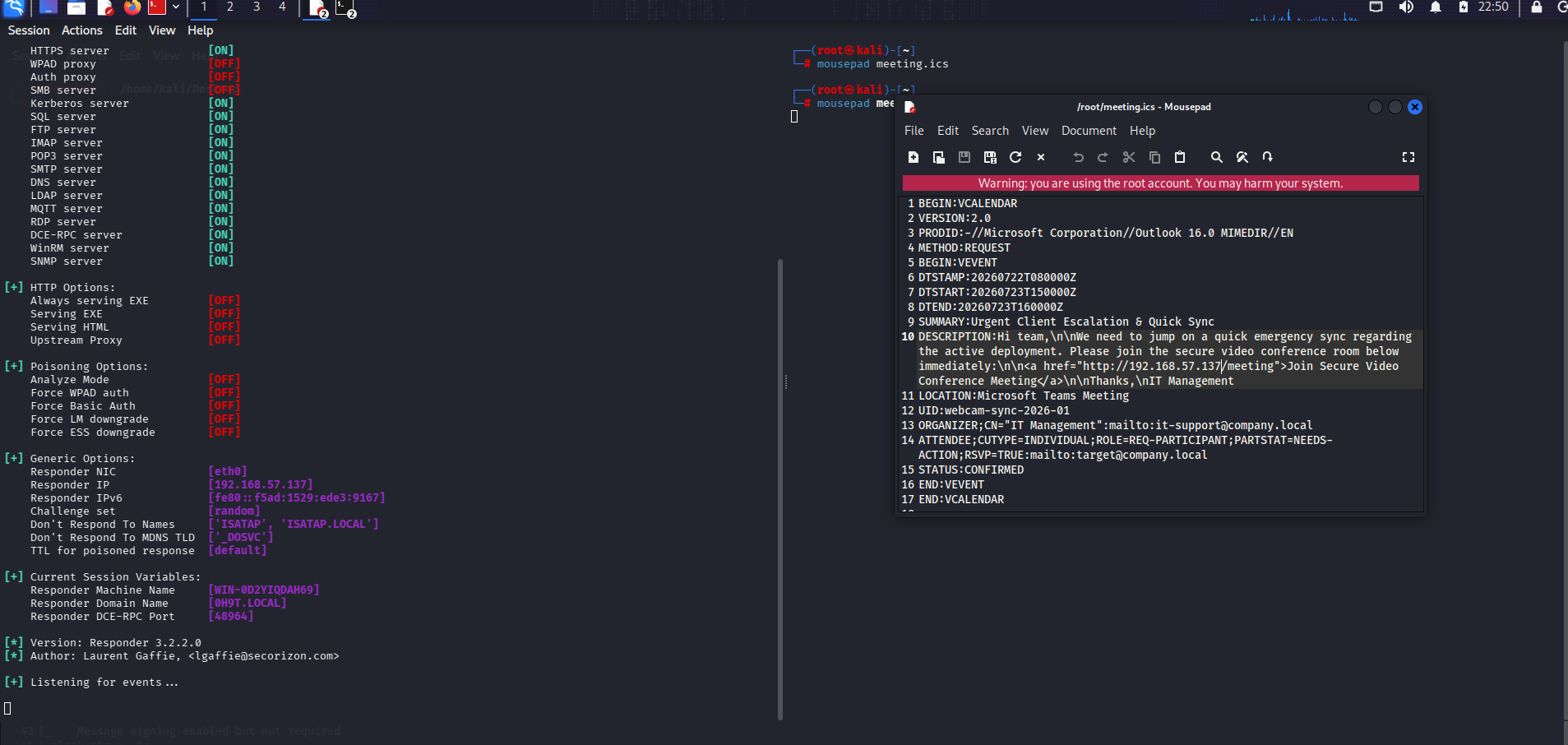 Responder configuration and listener setup on Kali Linux for NTLM hash capture