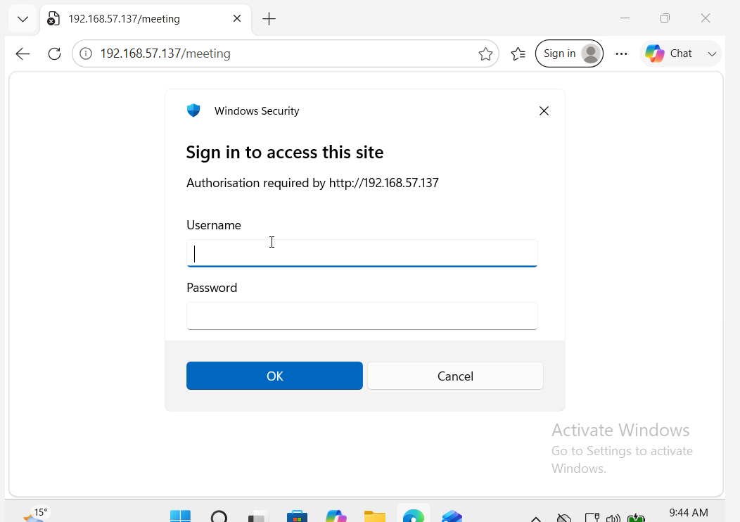 Calendar meeting invitation (.ics file) sent from Kali Linux to Windows 11 target containing malicious link