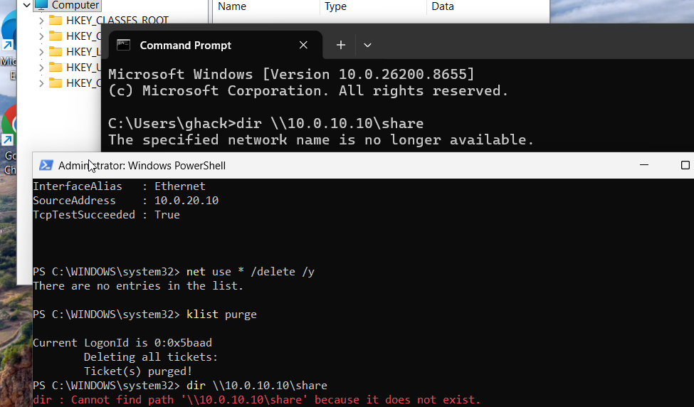 Netstat output confirming SMB port 445 is listening on the Windows 11 target