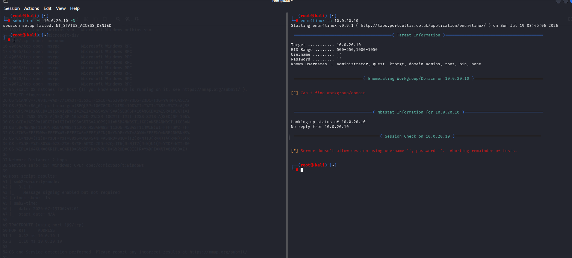 Enum4linux output showing user and share enumeration attempts against the Windows 11 target