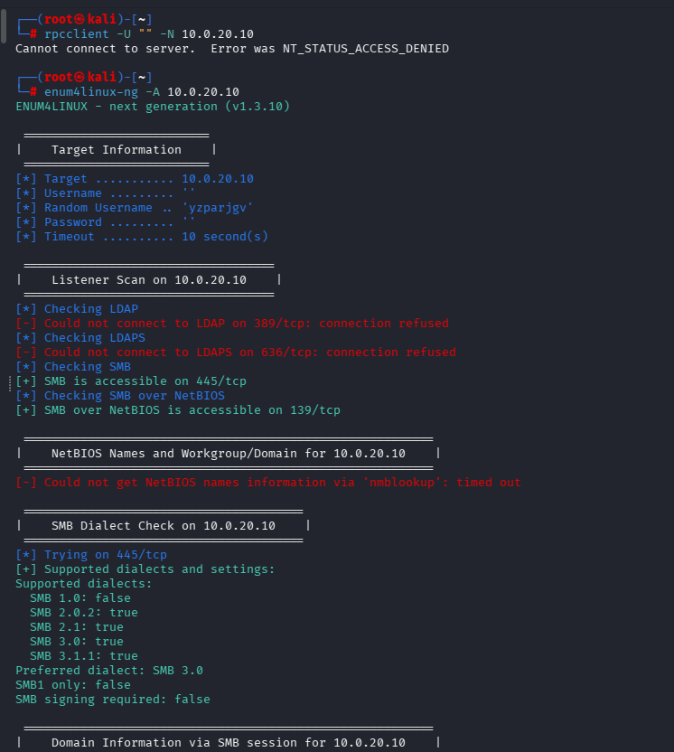 Enum4linux-ng output confirming NetBIOS and SMB service availability with no additional vectors
