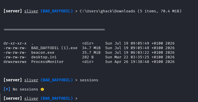 Sliver C2 session established showing callback from Windows 11 target