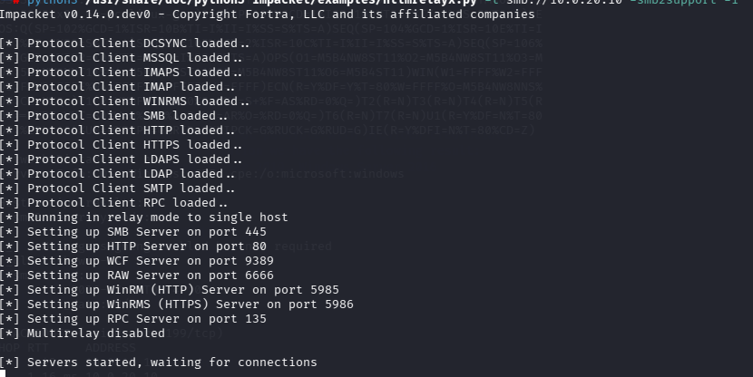 ntlmrelayx.py execution with smb2support flag enabled