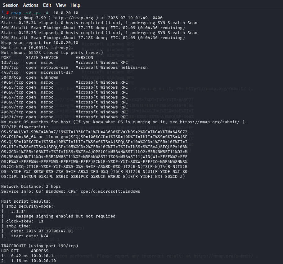 Nmap scan results showing open ports 135, 139, and 445 on the Windows 11 target