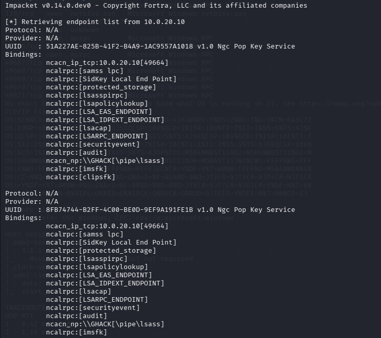 Impacket enumeration results revealing a single username GHACK