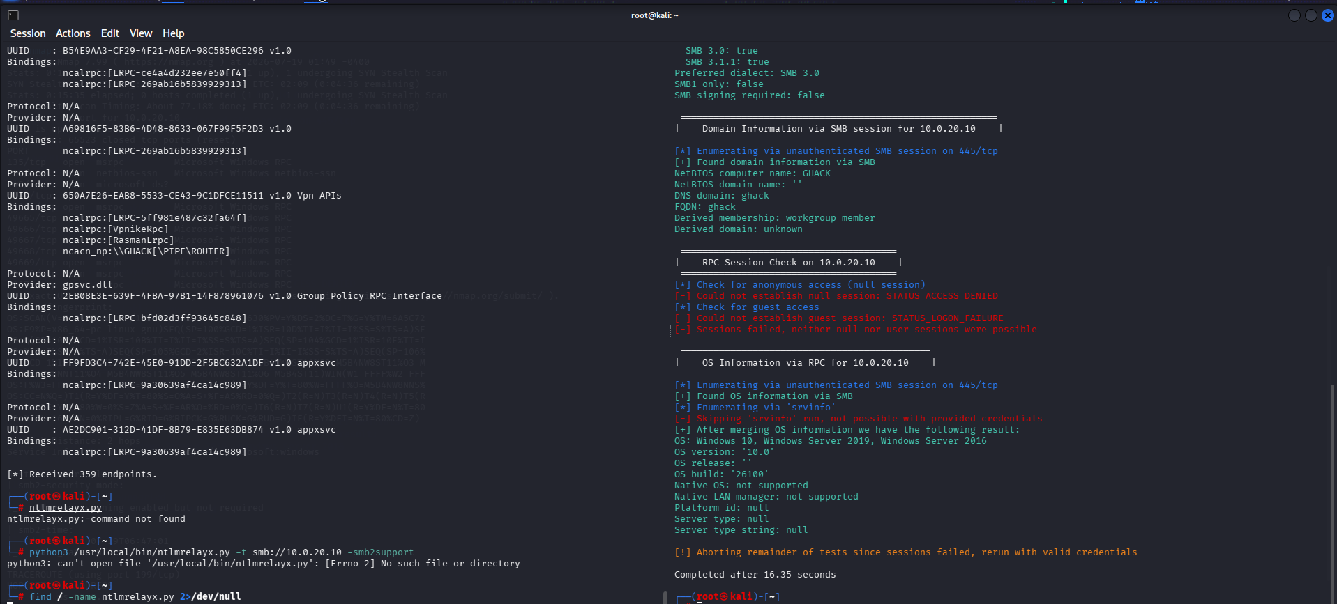 Terminal output showing locate command searching for ntlmrelayx.py in the Kali filesystem