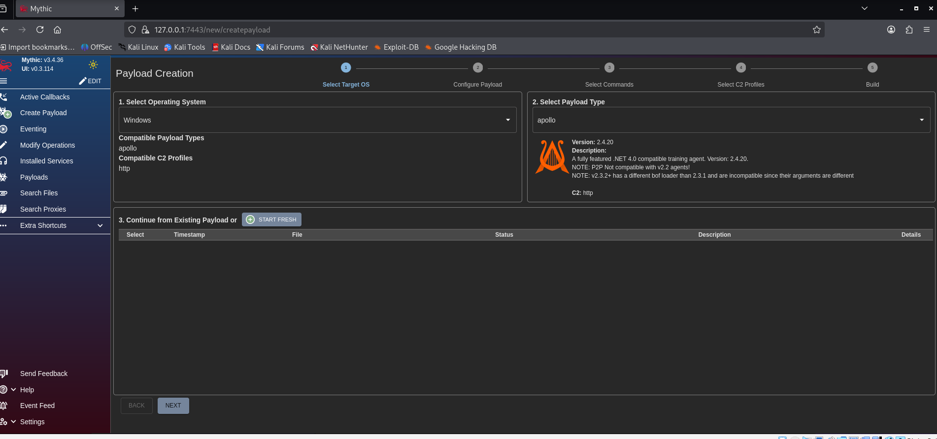 Mythic C2 payload hosted on Kali via Python HTTP server, showing terminal output with serving status